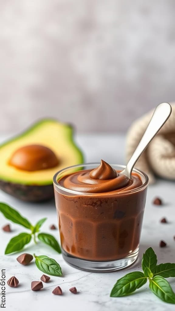 A delicious-looking avocado chocolate mousse in a glass, garnished with mint and surrounded by chocolate chips and a halved avocado.
