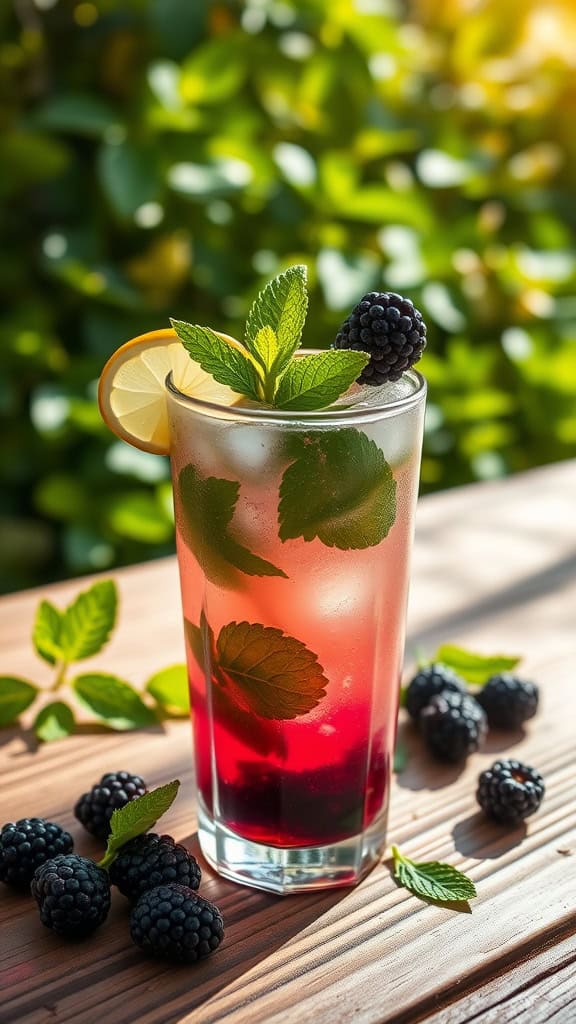 A refreshing Blackberry Mojito Mocktail garnished with mint and lemon on a wooden surface.