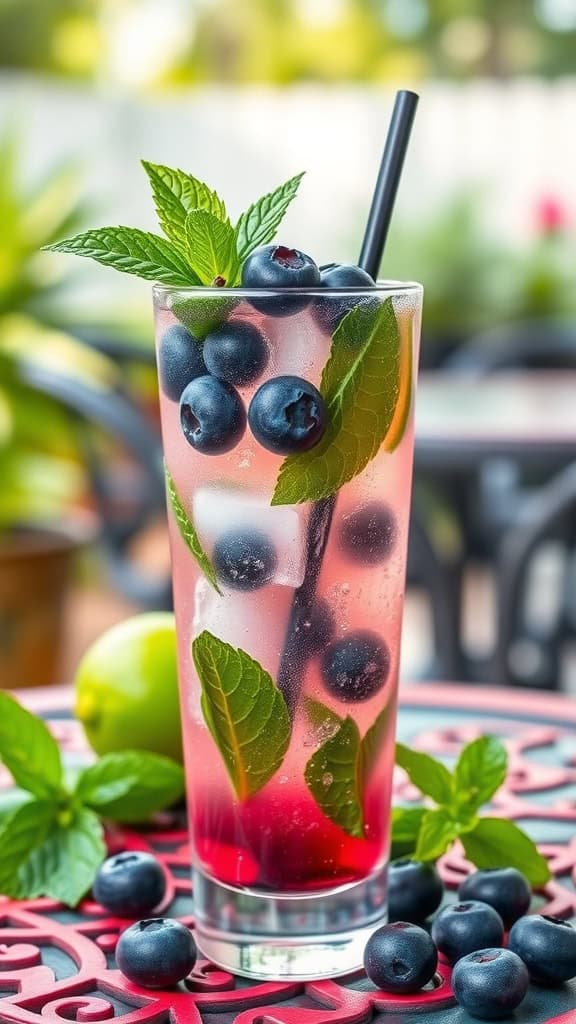 A refreshing Blueberry Mojito Mocktail garnished with mint leaves and fresh blueberries.