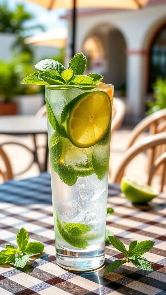 A refreshing classic mojito mocktail garnished with mint and lime.