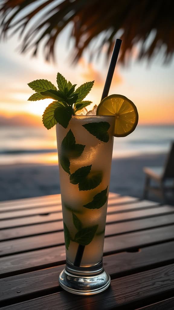 A refreshing Coconut Mojito Mocktail with mint and lime, set against a beach sunset.