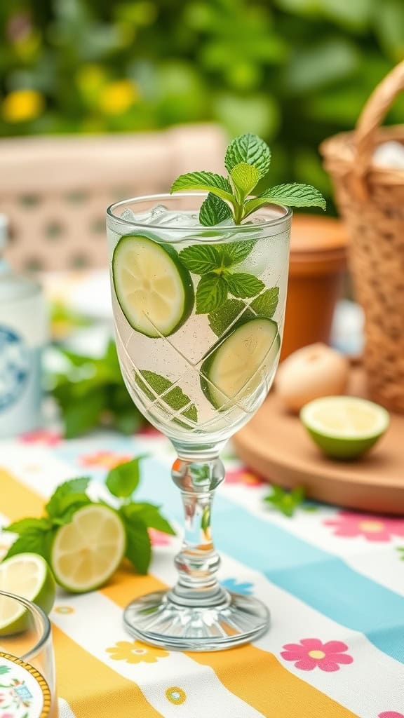 A refreshing cucumber mojito mocktail with mint leaves and lime slices.