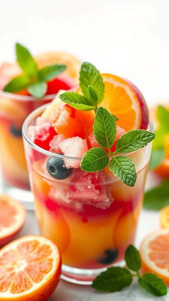 Colorful sorbet cups with fruits and mint leaves for St. Patrick's Day