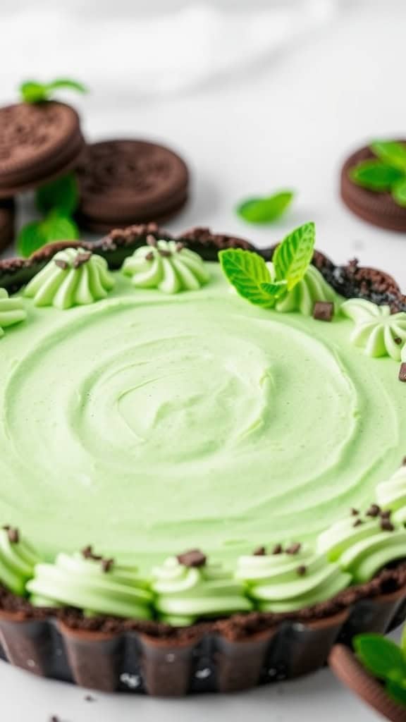 A delicious grasshopper pie with a green filling, chocolate crust, and mint leaves for decoration.
