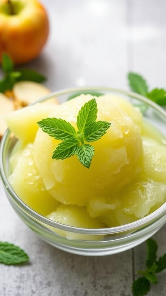 A bowl of green apple sorbet garnished with mint leaves, with a blurred green apple in the background.