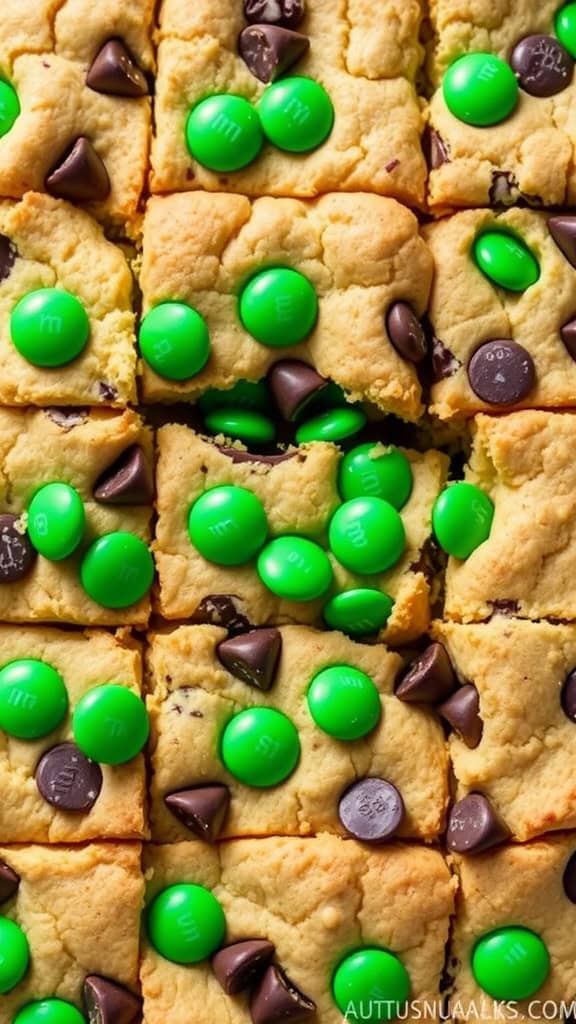 Close-up of green M&M cookie bars with chocolate chips