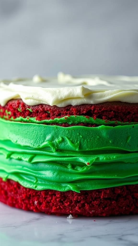 A vibrant green velvet cake with cream cheese frosting.