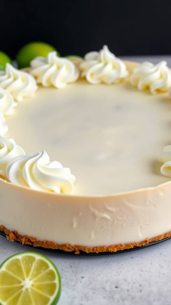 A delicious key lime cheesecake decorated with whipped cream and fresh lime slices.