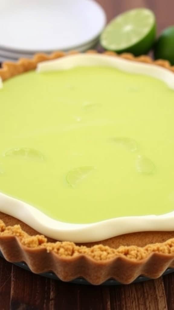 Key lime pie with decorative lime slices on a white background.