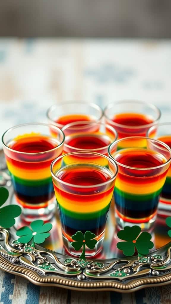 Colorful layered jello shots in glasses with shamrock decorations