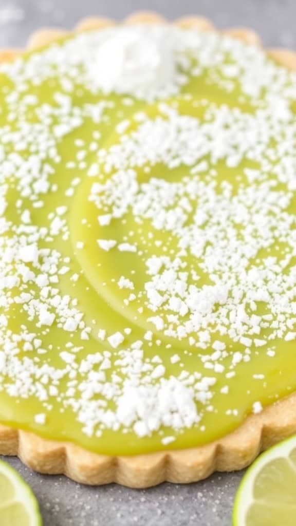 Close-up of lime bars topped with powdered sugar and lime slices.