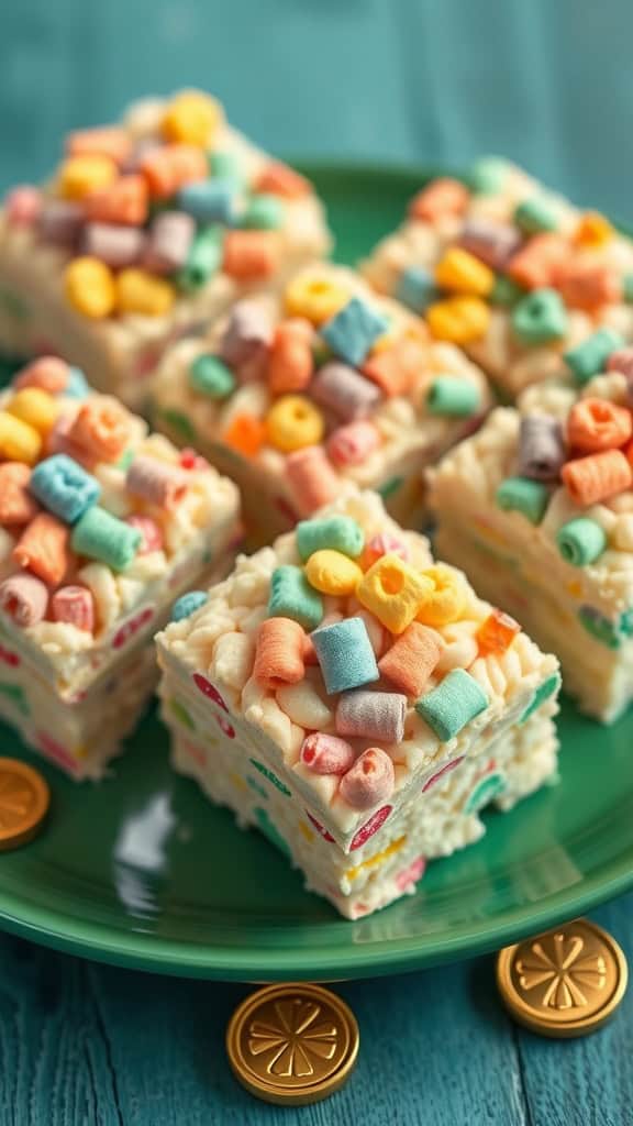 Colorful Rice Krispie treats topped with marshmallows and cereal on a green plate.