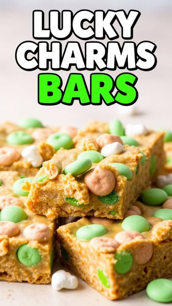 Colorful Lucky Charms marshmallow bars with green, white, and brown candies.