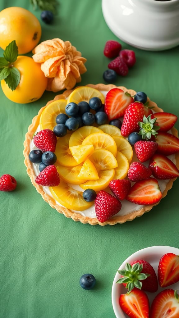A colorful fruit tart topped with strawberries, blueberries, and citrus, placed on a green tablecloth.