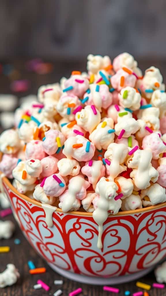 A bowl of colorful popcorn topped with white drizzle and rainbow sprinkles