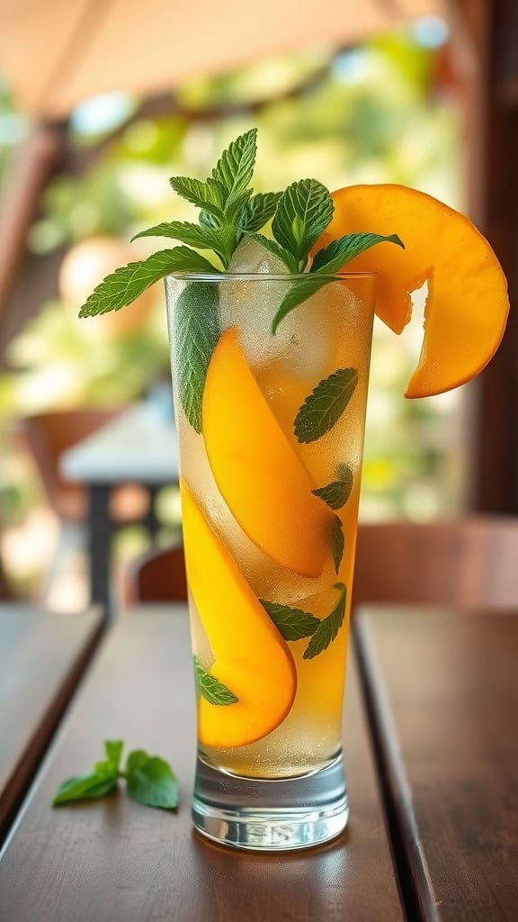 A refreshing mango mojito mocktail with mint and mango slices.