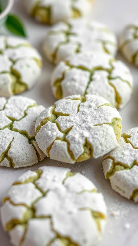 Close-up of matcha crinkle cookies with powdered sugar topping.