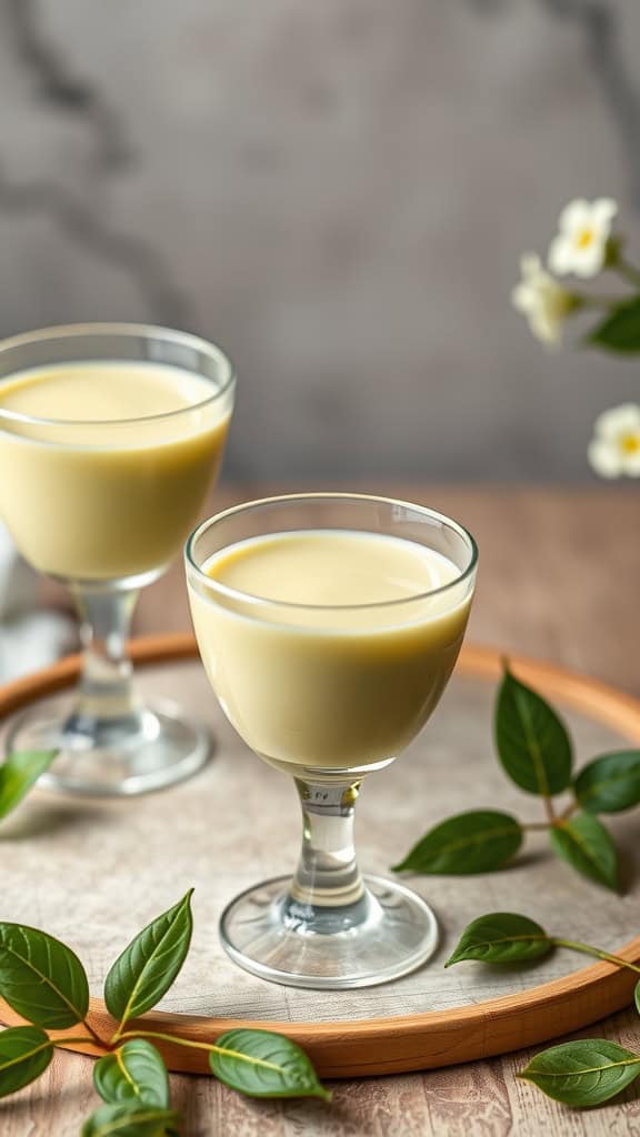 Two glasses of matcha panna cotta on a wooden tray with green leaves.