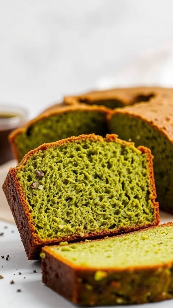 A close-up of a slice of green matcha pound cake, showing its soft texture.