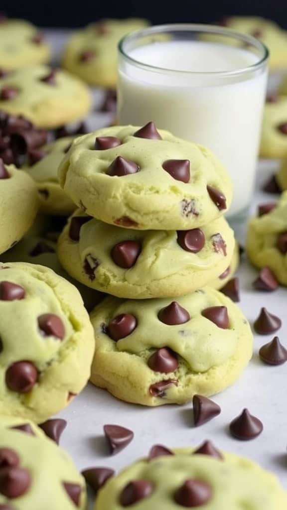 Mint chocolate chip cookies stacked with chocolate chips scattered around and a glass of milk