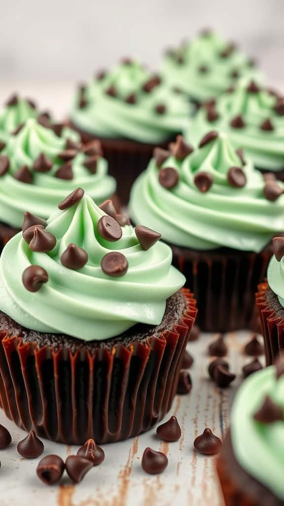 Mint chocolate chip cupcakes with green frosting and chocolate chips