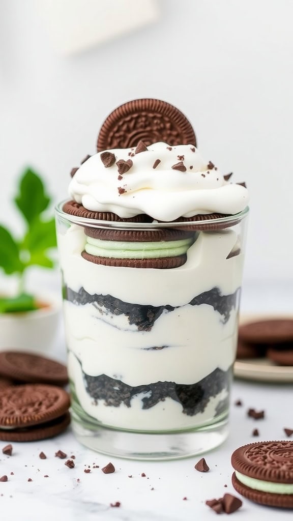 Mint Oreo Icebox Cake in a glass with layers of cream and Oreos.