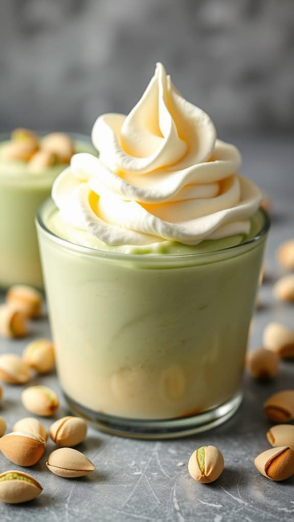 A cup of creamy pistachio pudding topped with whipped cream, surrounded by pistachio nuts.