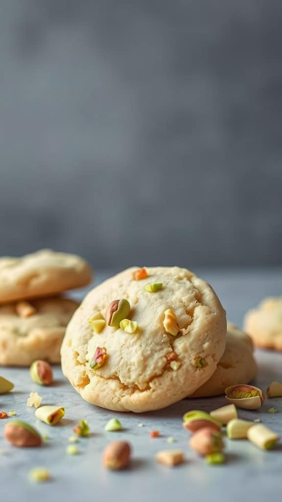 Delicious pistachio shortbread cookies with pieces of pistachio scattered around.