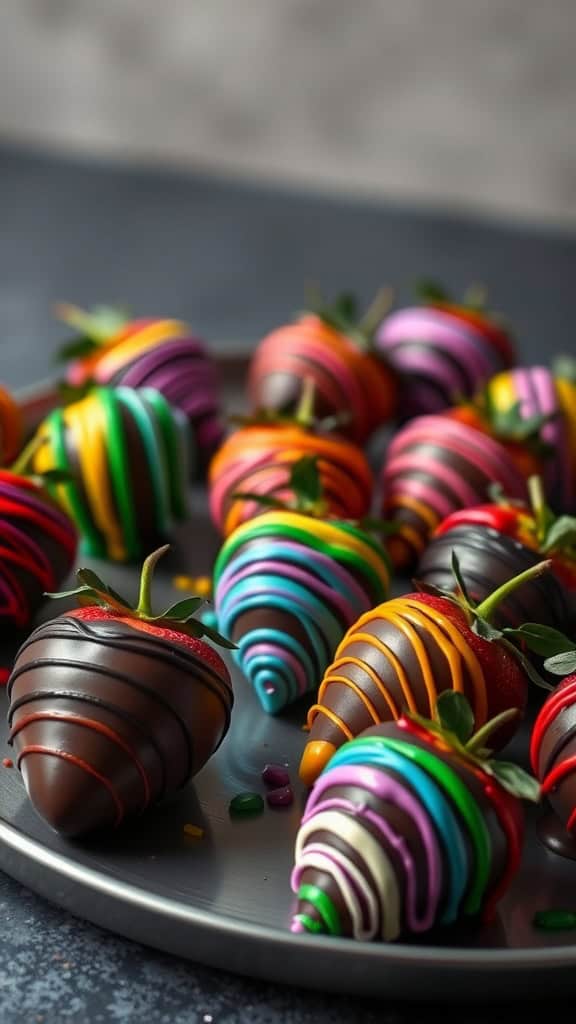 A plate of colorful chocolate covered strawberries with rainbow icing.