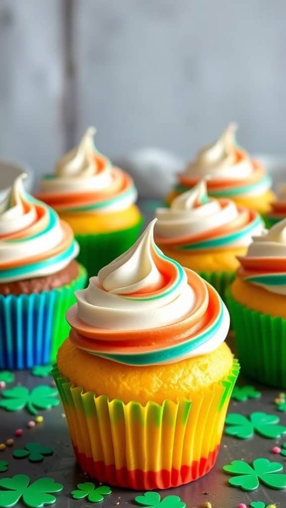 Colorful rainbow cupcakes with whipped cream frosting, decorated with green clovers and vibrant cupcake liners.