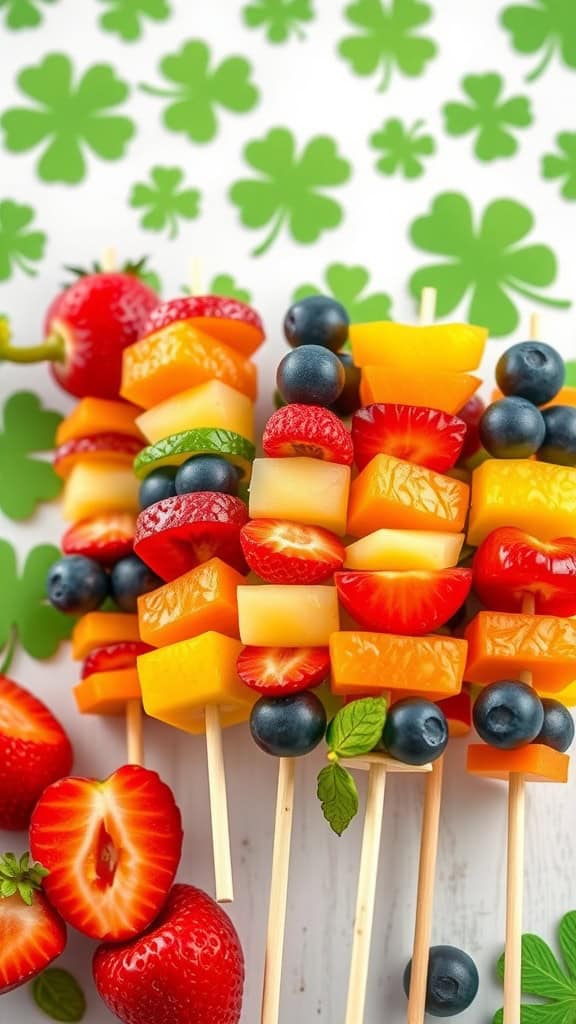 Colorful fruit skewers featuring strawberries, blueberries, and pineapple on a festive background.