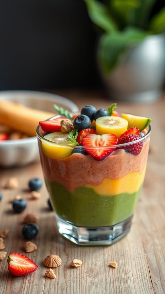 A colorful rainbow layered smoothie bowl topped with strawberries, blueberries, and nuts.
