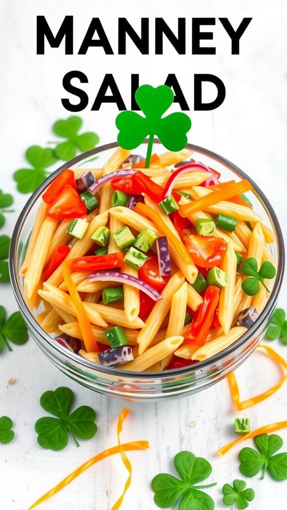 A bowl of Rainbow Pasta Salad with colorful vegetables and a clover decoration