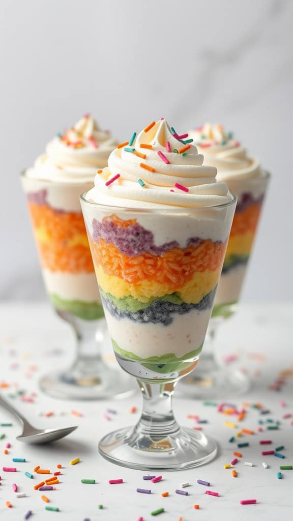 Colorful rainbow rice pudding parfaits topped with whipped cream and sprinkles.