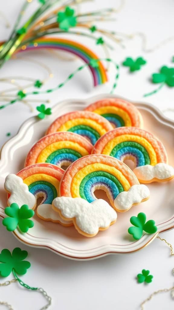 Colorful rainbow spritz cookies on a plate, decorated for St. Patrick's Day.