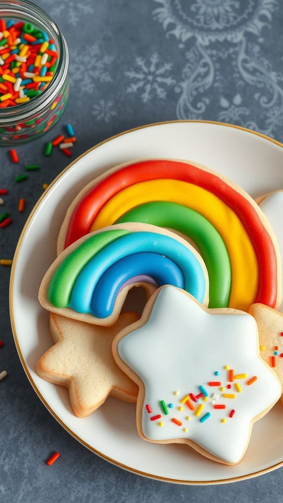 A plate of colorful rainbow sugar cookies decorated with icing and sprinkles