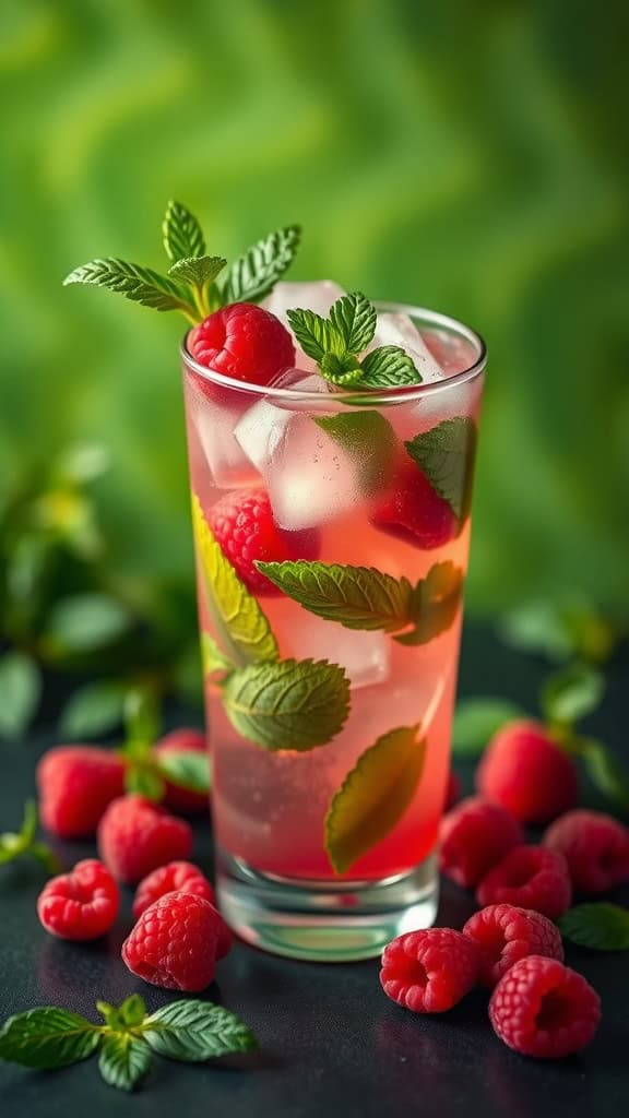 A vibrant Raspberry Mojito Mocktail garnished with fresh mint leaves and raspberries.