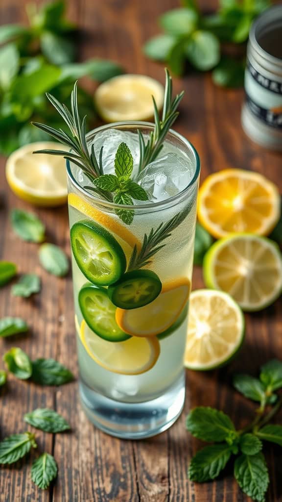 A refreshing Rosemary Jalapeño Mojito Mocktail with mint, lemon, and jalapeño slices.