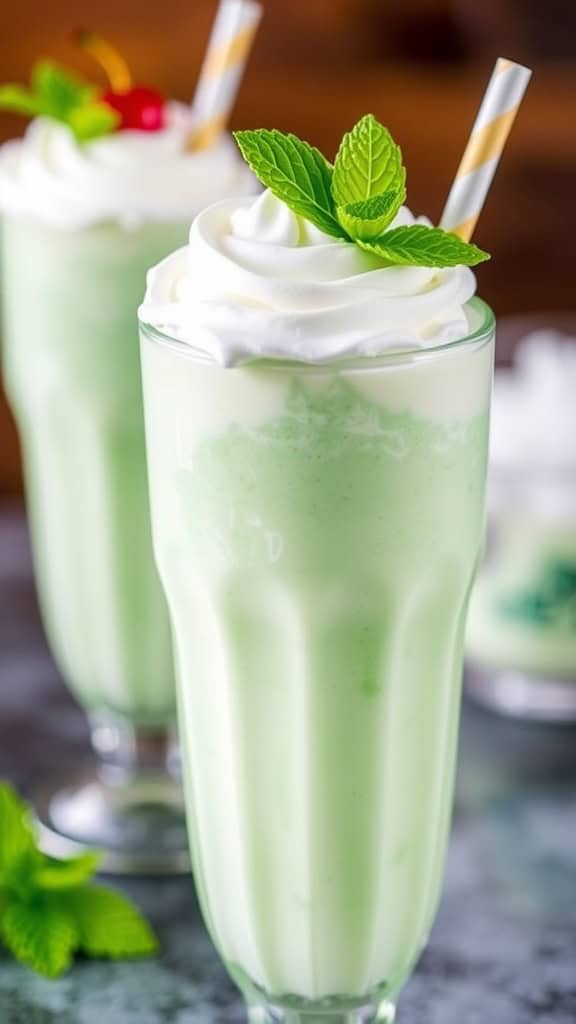 A delicious Shamrock Shake topped with whipped cream, a cherry, and a mint leaf