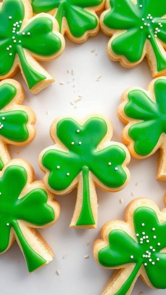 Shamrock-shaped sugar cookies with green icing and sprinkles