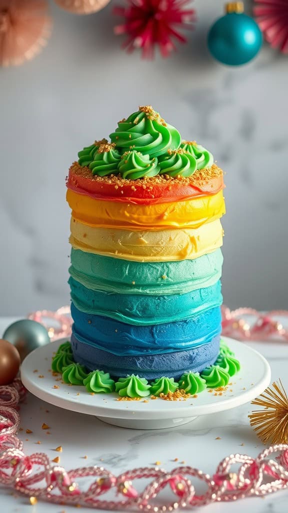 A vibrant rainbow cake with layers of colorful frosting and decorative green icing on top.