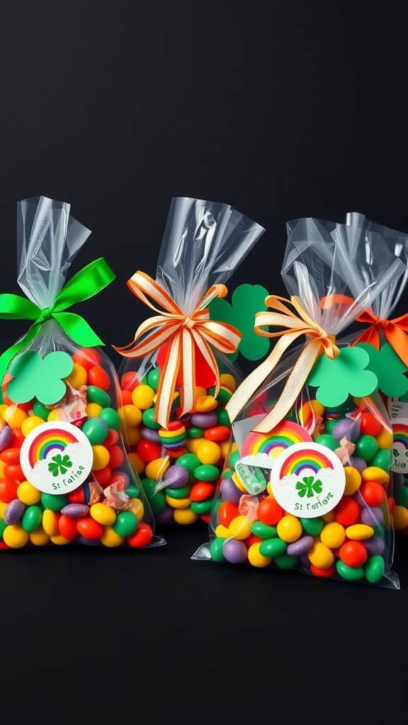 Colorful candy bags tied with ribbons for St. Patrick's Day