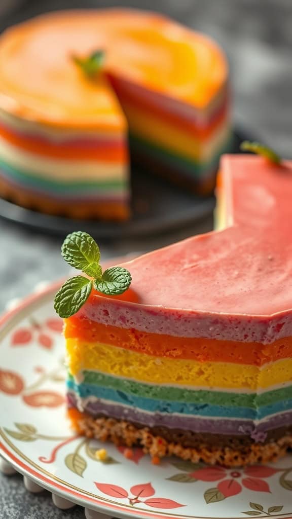 A slice of rainbow cheesecake topped with mint on a floral plate, showcasing colorful layers.