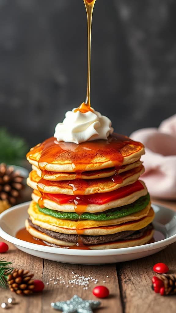 Stack of colorful pancakes drizzled with syrup and topped with whipped cream