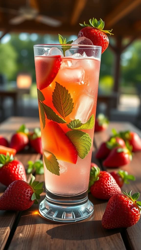 A refreshing Strawberry Mojito Mocktail with mint leaves and strawberries