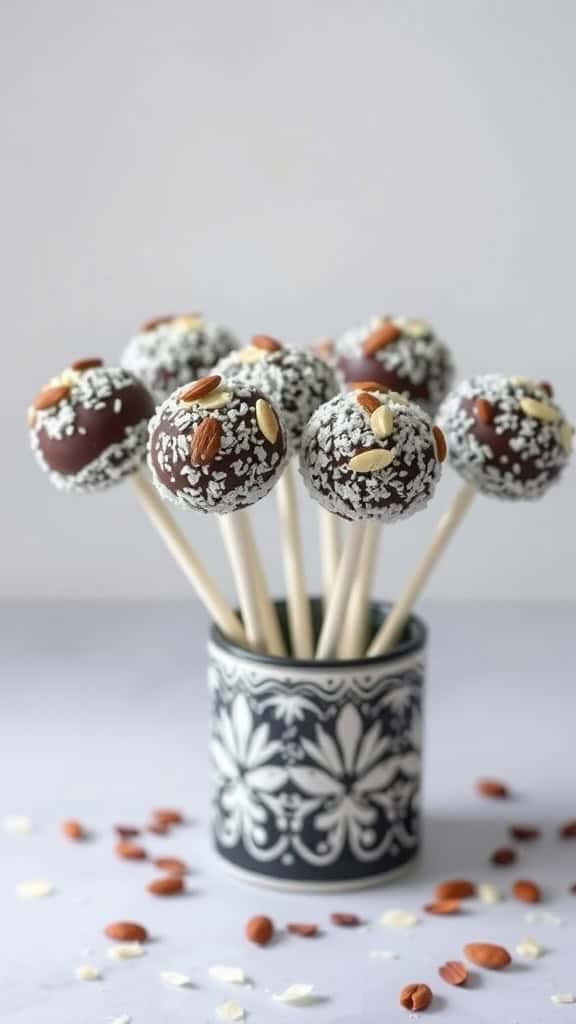 A display of Almond Joy Cake Pops on sticks, coated in chocolate and sprinkled with coconut and almonds.