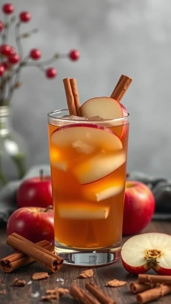 A glass of Apple Cinnamon Spritz mocktail with apple slices and cinnamon sticks, surrounded by fresh apples.