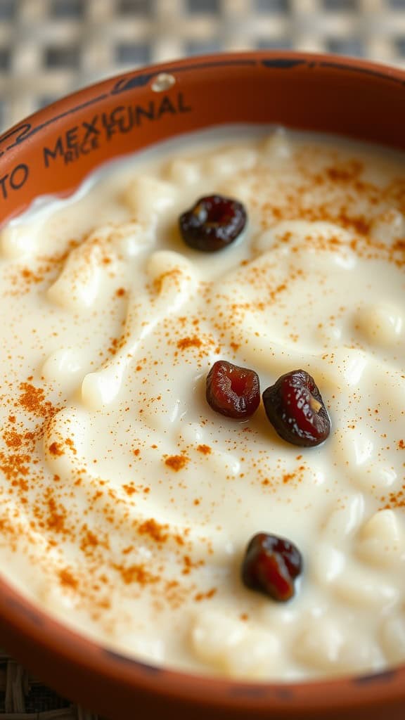 A bowl of creamy arroz con leche topped with cinnamon and cherries