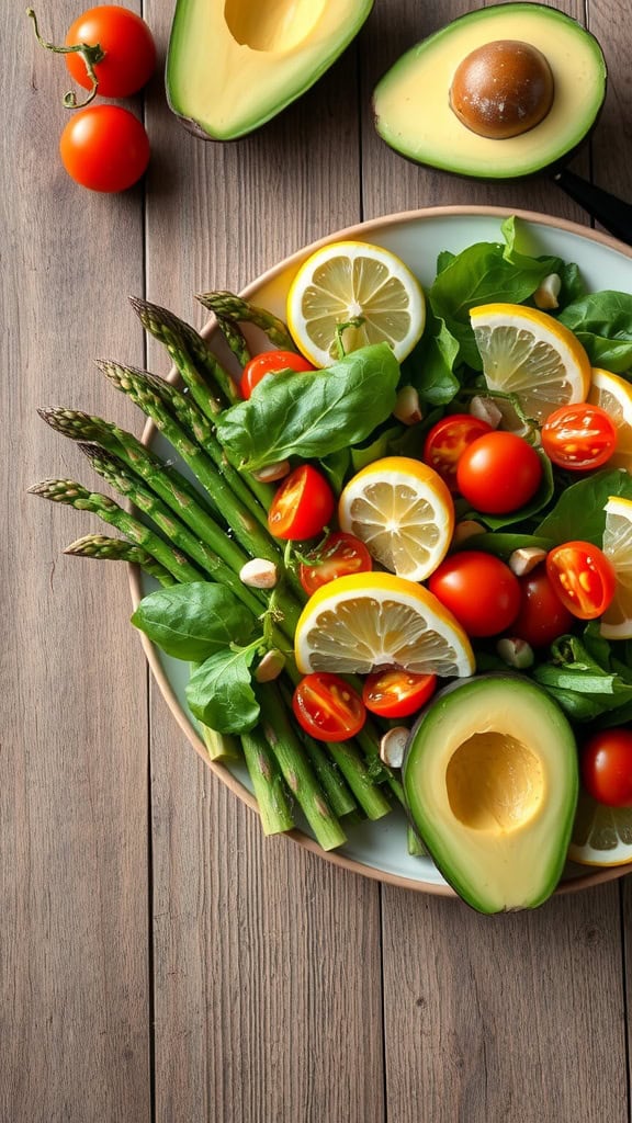 A fresh Asparagus and Avocado Salad with cherry tomatoes, lemon slices, and greens.