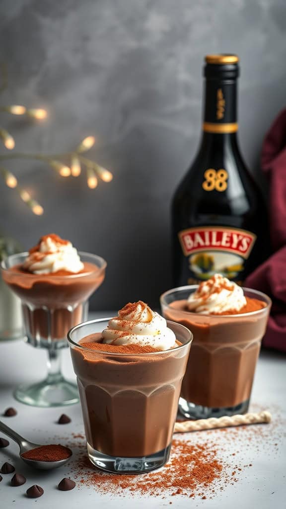 Baileys Chocolate Mousse Cups in clear glass cups, topped with whipped cream and cocoa powder.
